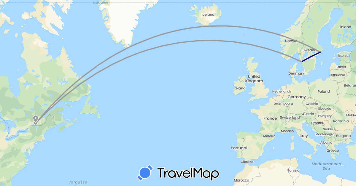 TravelMap itinerary: driving, plane in Canada, Sweden (Europe, North America)